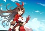  1girl :d amber_(genshin_impact) animal bangs bird blue_sky breasts brown_hair brown_shorts cleavage cloud commentary_request cropped_jacket day eyebrows_visible_through_hair feet_out_of_frame genshin_impact gloves goggles goggles_on_head hair_between_eyes hair_ribbon hand_up highres jacket kooan long_hair long_sleeves medium_breasts open_clothes open_jacket outdoors red_eyes red_gloves red_jacket red_legwear red_ribbon ribbon short_shorts shorts sitting sky smile solo thighhighs very_long_hair 