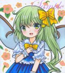  1girl :d bangs blue_dress bow bowtie commentary_request cowboy_shot daiyousei dot_nose dress eyebrows_visible_through_hair fairy fairy_wings floral_background flower flower_request frilled_cuffs frilled_dress frilled_shirt_collar frills green_eyes green_hair hair_bow hand_on_own_chest long_hair looking_at_viewer marker_(medium) open_mouth pink_flower puffy_short_sleeves puffy_sleeves rui_(sugar3) sample shikishi short_sleeves side_ponytail smile solo standing touhou traditional_media white_background wings wrist_cuffs yellow_bow yellow_bowtie 
