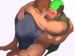  2boys bara black_hair blush bottomless censored cheek-to-cheek clothed_sex couple crow_(siranui) dark-skinned_male dark_skin facial_hair from_above full_body goatee green_hair green_kimono heads_together highres hug implied_anal implied_sex japanese_clothes kimono male_focus master_3_(housamo) mosaic_censoring multicolored_hair multiple_boys muscular muscular_male naked_kimono open_clothes open_kimono short_hair short_kimono sideburns taurus_mask thighs tokyo_afterschool_summoners torogao two-tone_hair white_background yaoi 