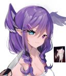  1girl absurdres bare_shoulders blue_eyes blurry braid collarbone commentary depth_of_field english_commentary fang hair_between_eyes hair_ornament hairclip head_wings heterochromia highres inset knife knife_cat_(meme) long_hair looking_at_viewer maru_ccy meme nijisanji nijisanji_en photo_inset pointy_ears portrait purple_eyes purple_hair reference_inset selen_tatsuki shirt simple_background skin_fang twin_braids virtual_youtuber white_background white_shirt 