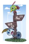  absurdres beak bird blue_eyes border bright_pupils commentary_request grass highres kotobukkii_(yt_lvlv) looking_down looking_up natu no_humans open_mouth pokedex_number pokemon pokemon_(creature) sign sobble standing talons tongue white_border 