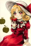  1girl apple blonde_hair blush commentary curly_hair dress elly_(touhou) eyebrows_visible_through_hair food frills fruit hat hat_ribbon highres juliet_sleeves long_dress long_sleeves maa_(forsythia1729) medium_hair puffy_sleeves red_dress red_eyes red_neckwear red_ribbon ribbon sitting smile sun_hat touhou touhou_(pc-98) traditional_media white_headwear 