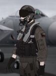  1boy ace_combat ace_combat_zero aircraft airplane cipher_(ace_combat) covered_face f-15_eagle fighter_jet gloves helmet highres jet military military_uniform military_vehicle pilot pilot_helmet pilot_suit pilot_uniform skyleranderton uniform 