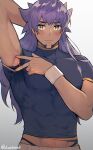  1boy arm_behind_head armpits bangs blush bright_pupils closed_mouth commentary_request dark-skinned_male dark_skin facial_hair frown hand_up highres leon_(pokemon) long_hair looking_at_viewer male_focus mj_(11220318) pokemon pokemon_(game) pokemon_swsh purple_hair shiny shiny_hair shirt short_sleeves solo spread_armpit sweat twitter_username white_pupils yellow_eyes 