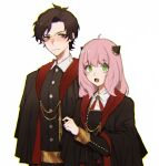  1boy 1girl anya_(spy_x_family) blush brown_eyes brown_hair buttons cloak damian_desmond embarrassed formal green_eyes height_difference highres long_sleeves meomoicecr older open_mouth pink_hair school_uniform spy_x_family teenage upper_body 