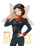  1girl breasts brown_hair dated emma_sheen green_eyes gundam hat kei-co looking_at_viewer merry_christmas military military_uniform one_eye_closed salute short_hair simple_background smile solo uniform zeta_gundam 