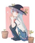  1girl bangs black_headwear black_legwear blue_hair blue_skirt blush bow bowtie commentary flower_(symbol) food fruit full_body hair_between_eyes hat highres hinanawi_tenshi leaf long_hair looking_at_viewer nig_18 no_shoes peach plant potted_plant puffy_short_sleeves puffy_sleeves rainbow_gradient red_bow red_bowtie red_eyes shirt short_sleeves simple_background skirt solo squatting steepled_fingers symbol-only_commentary thighhighs touhou white_shirt 