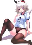  1girl :p absurdres animal_ears arm_support bangs black_hairband blush bow breasts brown_buruma brown_legwear buruma closed_mouth commentary_request curren_chan_(umamusume) ear_bow eyebrows_visible_through_hair feet_out_of_frame grey_hair gym_shirt gym_uniform hair_between_eyes hairband highres horse_ears horse_girl horse_tail knee_up no_shoes puffy_short_sleeves puffy_sleeves purple_eyes red_bow shadow shibakame shirt short_sleeves small_breasts smile solo tail thighhighs thighs tongue tongue_out umamusume white_background white_shirt 
