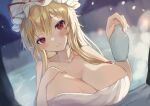  1girl alternate_eye_color bare_shoulders between_breasts blonde_hair blurry blurry_background blush bottle breasts candlelight cleavage closed_mouth collarbone commentary_request dutch_angle hair_between_eyes hand_on_own_chest hat hat_ribbon highres huge_breasts kogalashi long_hair looking_at_viewer mob_cap night night_sky onsen outdoors red_eyes red_ribbon ribbon sake_bottle shiny shiny_hair shiny_skin sidelighting sidelocks sideways_glance sky smile snowing solo steam touhou upper_body very_long_hair wet white_headwear winter yakumo_yukari 