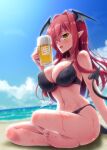  1girl :d alternate_eye_color bangs bare_shoulders barefoot bat_wings beer_mug bikini black_bikini blue_sky blush breasts cleavage collarbone commentary_request crossed_legs cup dated day demon_girl demon_tail demon_wings eyebrows_visible_through_hair eyelashes feet hair_between_eyes head_wings highres holding indian_style koakuma large_breasts long_hair looking_at_viewer mug navel ocean open_mouth pointy_ears sidelocks signature sitting sky smile soles solo stomach sunlight sweat swimsuit tail tan tanlines thighs toes tongue touhou water wet wet_clothes wet_hair wings yamu_(reverse_noise) yellow_eyes 