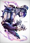  1other armor artist_name checkered colored_skin cropped_torso drooling glint helmet jojo_no_kimyou_na_bouken k-suwabe looking_at_viewer other_focus pauldrons purple_eyes purple_haze_(stand) ringed_eyes saliva shoulder_armor smoke solo stand_(jojo) stitched_mouth stitches vento_aureo 