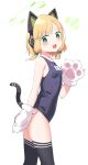  1girl absurdres animal_ear_headphones animal_hands black_legwear blonde_hair blue_archive blush breasts bright_pupils cat_paws covered_navel from_side gloves green_eyes halo hand_up highres kandori looking_at_viewer midori_(blue_archive) notice_lines open_mouth paw_gloves school_swimsuit short_hair simple_background slit_pupils small_breasts solo sweat swimsuit symbol-only_commentary tail teeth thighhighs upper_teeth white_background white_pupils 
