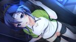  1boy 1girl bangs bike_shorts black_jacket black_pants black_shorts blue_eyes blue_hair censored clothes_pull collarbone collared_shirt dutch_angle game_cg green_shirt hair_between_eyes hair_ornament hair_scrunchie hirosaki_rinko indoors jacket long_hair looking_at_viewer mosaic_censoring official_art open_mouth pants penis ponytail saxasa_kisuk scrunchie shiny shiny_hair shirt short_shorts short_sleeves shorts shorts_pull sportswear sweatdrop tsukue_otome. two-tone_shirt white_shirt wing_collar yellow_scrunchie 