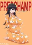  1girl aestheticc-meme alternate_breast_size alternate_hair_length alternate_hairstyle animal_print areolae artist_name barefoot big_belly black_hair blue_hair breasts bunny_print collarbone english_commentary english_text feet hands_on_own_stomach highres huge_breasts kill_la_kill long_hair matoi_ryuuko mature_female meme multicolored_hair my_little_pogchamp_(meme) open_mouth orange_background pajamas pregnant red_hair seiza simple_background sitting smile soles solo sparkle teeth toes two-tone_hair upper_teeth 