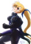 1girl artist_name bangs black_bodysuit black_jacket blonde_hair blue_ribbon blush bodysuit commentary_request diesel-turbo from_side green_eyes hair_ribbon heterochromia highres jacket long_hair looking_at_viewer looking_back lyrical_nanoha magical_girl mahou_shoujo_lyrical_nanoha_strikers off_shoulder parted_lips red_eyes ribbon side_ponytail signature simple_background solo standing twitter_username very_long_hair vivio white_background 