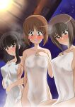  3girls absurdres alternate_hairstyle arm_behind_back bangs black_eyes black_hair blunt_bangs blush breasts brown_eyes brown_hair closed_mouth collarbone commentary covering cowboy_shot eyebrows_visible_through_hair frown girls_und_panzer groin hair_up hand_on_own_chest highres holding holding_towel looking_at_viewer mature_female medium_breasts mother_and_daughter multiple_girls navel night night_sky nishizumi_maho nishizumi_miho nishizumi_shiho nude_cover onsen open_mouth see-through short_hair siblings sidelocks sisters sitting sky smile standing star_(sky) starry_sky steam sweatdrop towel wakku_kan wet wet_hair 