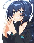  1girl ahoge bangs black_jacket blush breasts bright_pupils cleavage collarbone hayase_mitsuki highres jacket kamon_rider kimi_ga_nozomu_eien looking_at_viewer medium_breasts medium_hair muvluv muvluv_alternative own_hands_together ponytail portrait smile smirk smug solo v-shaped_eyebrows white_background white_pupils 