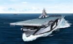  aircraft aircraft_carrier airplane dazzle_paint highres military military_vehicle mo_yu_de_jiaozi ocean original ship sky turret united_states_navy uss_intrepid_(cv-11) warship watercraft waves world_war_ii 