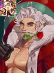  1boy bara beard chest_hair cookie_run eggnog_cookie facial_hair flower flower_in_mouth fur-trimmed_jacket fur_trim gift_bag highres jacket large_pectorals male_focus mature_male muscular muscular_male mustache open_clothes open_shirt pectoral_cleavage pectorals rose santa_costume shewnut stroking_beard thick_eyebrows underpec upper_body white_hair 