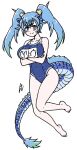  1girl acesrulez alternate_costume animal_ears bare_legs bare_shoulders barefoot blue_hair blue_swimsuit blush commentary crossed_arms dragon_ears dragon_girl dragon_tail embarrassed extra_ears eyebrows_visible_through_hair kemono_friends long_hair name_tag one-piece_swimsuit pout school_swimsuit seiryuu_(kemono_friends) solo sweatdrop swimsuit tail translated twintails 