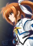  1girl artist_name bangs blue_eyes brown_hair closed_mouth commentary_request cropped_jacket dated diesel-turbo dress frown gauntlets hair_ribbon highres jacket juliet_sleeves long_sleeves looking_to_the_side lyrical_nanoha magical_girl mahou_shoujo_lyrical_nanoha mahou_shoujo_lyrical_nanoha_the_movie_1st medium_hair partial_commentary puffy_sleeves ribbon signature solo takamachi_nanoha twintails white_dress white_jacket white_ribbon 