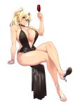  1girl 23_(real_xxiii) absurdres alcohol arm_support blonde_hair breasts choker commentary_request cup dress drinking_glass eyebrows_visible_through_hair full_body gakuen_taisen_valkyries glasses high_heels highres holding holding_cup huge_breasts looking_at_viewer nanashi_no_touhoku_kenjin navel no_panties noel_fortenmayer parted_lips ponytail red_eyes simple_background sitting sleeveless solo teeth white_background wine wine_glass 