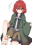  1other androgynous barefoot blush censored coat feet footjob green_coat highres len&#039;en ougi_hina penis red_eyes red_hair shitodo_hooaka short_hair shorts solo_focus translated 