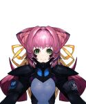  1girl artist_request bangs english_commentary eyebrows_behind_hair flat_chest fortified_suit green_eyes hair_intakes hair_ribbon long_hair muvluv muvluv_alternative official_art pilot_suit project_mikhail ribbon second-party_source simple_background smile solo tamase_miki twintails upper_body white_background yellow_ribbon 