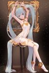  1girl absurdly_long_hair aqua_eyes aqua_hair arm_cuffs arms_up bare_shoulders choker commentary dark_background dress full_body gold_trim hatsune_miku highres long_hair miku_symphony_(vocaloid) on_chair ribbon sitting sleeveless smile solo strapless strapless_dress tattoo twintails very_long_hair vocaloid white_dress yuzuaji 
