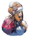  1girl absurdres backpack bag eyebrows_visible_through_hair green_eyes grey_hair hat highres long_hair looking_at_viewer relia_(star_ocean) robe simple_background solo star_ocean star_ocean_integrity_and_faithlessness white_background yasuda_akira 