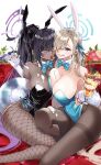  2girls :q animal_ears asuna_(blue_archive) bangs black_hair black_legwear blonde_hair blue_archive blue_eyes blush breasts cleavage commentary_request dark-skinned_female dark_skin fake_animal_ears fishnet_legwear fishnets food food_on_face fruit gloves gradient_hair hair_over_one_eye halo highres karin_(blue_archive) long_hair multicolored_hair multiple_girls pantyhose parfait playboy_bunny ponytail purple_hair rabbit_ears rabbit_tail sitting smile spoon strawberry tail takanashi_ringo thighband_pantyhose tongue tongue_out two-tone_hair white_gloves yellow_eyes 