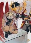  2boys artist_name bbuolp beard black_hair blonde_hair bodysuit boku_no_hero_academia boots chocolate coat commentary_request eating endeavor_(boku_no_hero_academia) eyewear_on_head facial_hair feathered_wings fire food food_in_mouth fur_trim gloves goggles hand_on_hip hawks_(boku_no_hero_academia) headphones holding holding_food korean_commentary male_focus mature_male mouth_hold multiple_boys muscular muscular_male pocky red_wings scar scar_across_eye scar_on_face sharing_food short_hair simple_background spiked_hair squatting superhero twitter_username white_background wings 
