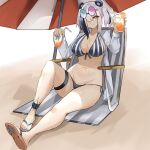 1girl alternate_costume animal_ears anklet arknights asymmetrical_eyewear bare_legs beach beach_towel beach_umbrella bikini black_bikini black_hair blue_nails blush breasts cleavage closed_mouth commentary cup drink drinking_straw eyes_visible_through_hair eyewear_on_head fang feater_(arknights) flip-flops food fruit full_body groin hair_between_eyes hair_over_one_eye half_updo highres holding holding_cup holding_drink infection_monitor_(arknights) jacket jewelry knee_up large_breasts looking_at_viewer medium_hair multicolored_hair nail_polish navel open_clothes open_jacket orange_(fruit) orange_eyes orange_slice oripathy_lesion_(arknights) panda_ears round_eyewear sandals side-tie_bikini silver_hair simple_background sitting skin_fang smile solo stomach streaked_hair striped striped_bikini swimsuit thigh_strap thighs tinted_eyewear toenail_polish toenails toes towel twintails two-tone_hair umbrella unknownnoname0 vertical-striped_bikini vertical_stripes white_background white_jacket 