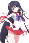  1girl bangs bishoujo_senshi_sailor_moon black_hair blue_eyes bow bright_pupils choker closed_mouth commentary earrings gloves hino_rei holding ixy jewelry long_hair looking_at_viewer magical_girl miniskirt ofuda pleated_skirt purple_bow red_choker red_sailor_collar red_skirt sailor_collar sailor_mars sailor_senshi_uniform simple_background skirt smile solo standing star_(symbol) star_earrings thighs very_long_hair white_background white_gloves white_pupils 