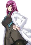  1girl black_legwear black_shirt blue_necktie blush breasts collared_shirt covered_navel grey_jacket hand_on_hip head_tilt highres jacket kouzuki_yuuko labcoat large_breasts looking_at_viewer medium_hair military military_uniform minarai muvluv muvluv_alternative necktie pantyhose purple_hair red_eyes shirt smile solo uniform white_background 