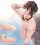  1boy abs ayer bandaged_wrist bandages bandaid bandaid_on_face bathing bishounen blue_eyes brown_hair chinese_commentary closed_mouth collarbone commentary_request completely_nude eyebrows_visible_through_hair goggles goggles_around_neck granblue_fantasy highres looking_at_viewer male_focus nagisazuki navel nude partially_submerged short_hair solo water 