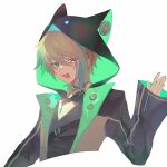  1boy animal_hood aza_(virtuareal) black_jacket brown_eyes brown_hair cat_hood cropped_torso green_eyes grey_choker hair_behind_ear highres hood hooded_jacket jacket male_focus nijisanji open_mouth smile solo upper_body virtual_youtuber virtuareal white_background yanghua_shuini_xi_chun 