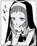  1girl alternate_costume bandaged_arm bandages bandaid bandaid_on_cheek bangs commentary_request cosplay forehead god-ish_(vocaloid) habit halo hand_up highres hololive long_hair looking_at_viewer monochrome murasaki_shion parted_lips purple_eyes signature sofra solo spot_color translated twitter_username upper_body veil virtual_youtuber white_background 