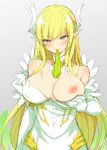  1girl bangs blonde_hair breasts cleavage commentary covered_nipples daybreaker_(elsword) dress elsword eyebrows_visible_through_hair gloves gradient gradient_background green_neckwear hatching_(texture) large_breasts long_hair looking_at_viewer mouth_hold nipples one_breast_out patreon_username pointy_ears rena_erindel sketch solo symbol-only_commentary waero white_dress white_gloves yellow_eyes 