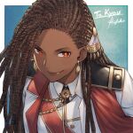  1girl adramelekh_(sol_invictus) black_hair border commission dark_skin earrings epaulettes hair_ornament hairlocs ivris jewelry leaning_forward long_hair medal necktie red_eyes sash shoulder_sash signature skeb_commission smile smirk sol_invictus solo uniform upper_body 