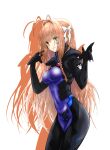  1girl antenna_hair bow braid breasts bright_pupils brown_hair covered_navel fortified_suit from_side green_eyes hair_bow hair_intakes highres kamon_rider kimi_ga_nozomu_eien long_hair looking_at_viewer medium_breasts muvluv muvluv_alternative pilot_suit pointing side_braid smile solo suzumiya_haruka very_long_hair white_background white_bow white_pupils 