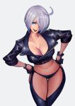  1girl angel_(kof) bra breasts chaps cleavage collarbone commentary cropped_jacket english_commentary fingerless_gloves gloves hair_over_eyes hair_over_one_eye jacket large_breasts leather leather_jacket looking_at_viewer midriff navel nude open_mouth panties phamoz smile snk solo stomach strapless strapless_bra the_king_of_fighters the_king_of_fighters_xiv the_king_of_fighters_xv toned underwear white_hair 