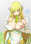  1girl bangs blonde_hair breasts cleavage covered_nipples daybreaker_(elsword) dress elsword eyebrows_visible_through_hair gameplay_mechanics gloves gradient gradient_background green_neckwear hatching_(texture) lactation large_breasts long_hair looking_at_viewer mouth_hold nipples one_breast_out patreon_username pointy_ears rena_erindel sketch solo speech_bubble waero white_dress white_gloves yellow_eyes 