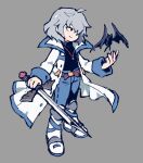  1boy akiyoku animal bat belt black_eyes castlevania castlevania:_aria_of_sorrow chibi closed_mouth coat commentary denim english_commentary full_body grey_background grey_hair hair_over_one_eye highres holding holding_sword holding_weapon jeans jewelry male_focus necklace open_clothes open_coat pants simple_background smile soma_cruz standing sword turtleneck weapon white_coat white_footwear 