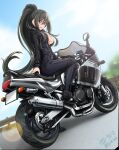  1girl bangs biker_clothes bikesuit black_hair black_jumpsuit blue_sky blurry blurry_background bodysuit breasts cloud cloudy_sky commentary_request day depth_of_field diesel-turbo dutch_angle grisaia_(series) grisaia_phantom_trigger ground_vehicle highres inohara_maki jacket large_breasts leather leather_jacket long_hair long_sleeves looking_at_viewer looking_back motor_vehicle motorcycle on_motorcycle open_mouth outdoors partial_commentary partially_unzipped ponytail railing red_eyes sidelocks sky smile solo suzuki_gsx-1100 very_long_hair 