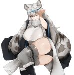  1girl animal_ears arknights ass black_cloak black_footwear black_panties blush boots braid breasts circlet cloak commentary dress eyebrows_visible_through_hair feet_out_of_frame fur-trimmed_boots fur_trim grey_dress grey_eyes grey_legwear grey_scarf hair_between_eyes highres knee_boots large_breasts leopard_ears leopard_girl leopard_tail long_hair looking_at_viewer lying on_side one_eye_closed panties parted_lips pelvic_curtain pramanix_(arknights) rubbing_eyes scarf side_braids silver_hair simple_background sleepy solo tail tears thighhighs thighs twin_braids underwear unknownnoname0 white_background 
