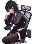  1girl absurdres black_hair black_legwear black_skirt black_suit breasts clothes_lift crossed_legs feet_out_of_frame fishnet_fabric formal highres holding holding_clothes holding_pen holding_skirt id_card lanyard lifted_by_self light_smile long_sleeves looking_at_viewer medium_breasts necktie office_lady on_chair original pen pencil_skirt simple_background sitting skirt skirt_lift straight_hair suit thighhighs ulrich_(tagaragakuin) watch white_background wristwatch yellow_eyes zettai_ryouiki 