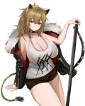  1girl animal_ears arknights arm_support black_choker black_jacket black_shorts blush breasts brown_eyes choker cleavage closed_mouth commentary cowboy_shot eyebrows_visible_through_hair fur-trimmed_jacket fur_trim hair_between_eyes hammer highres holding holding_weapon jacket large_breasts light_brown_hair lion_ears lion_girl lion_tail long_hair looking_at_viewer off_shoulder open_clothes open_jacket ponytail short_shorts shorts siege_(arknights) simple_background sledgehammer sleeveless solo standing studded_choker tail tank_top thighs two-sided_fabric two-sided_jacket unknownnoname0 weapon white_background white_tank_top 