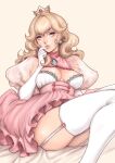  1girl absurdres alternate_costume bangs blonde_hair blue_eyes blush breasts crown dress elbow_gloves gloves hand_on_own_face highres jasmin_darnell lingerie long_hair looking_at_viewer mario_(series) open_mouth pink_dress princess_peach puffy_sleeves see-through_sleeves simple_background thick_thighs thighhighs thighs underwear white_gloves 