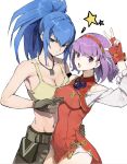  2girls asamiya_athena bangs blue_eyes blue_hair breasts china_dress chinese_clothes closed_mouth dress fingerless_gloves gloves hair_ornament idol johnsonjwj leona_heidern multiple_girls pony ponytail purple_eyes purple_hair short_hair simple_background snk star_(symbol) star_hair_ornament tank_top the_king_of_fighters the_king_of_fighters_xv thighs yellow_tank_top 